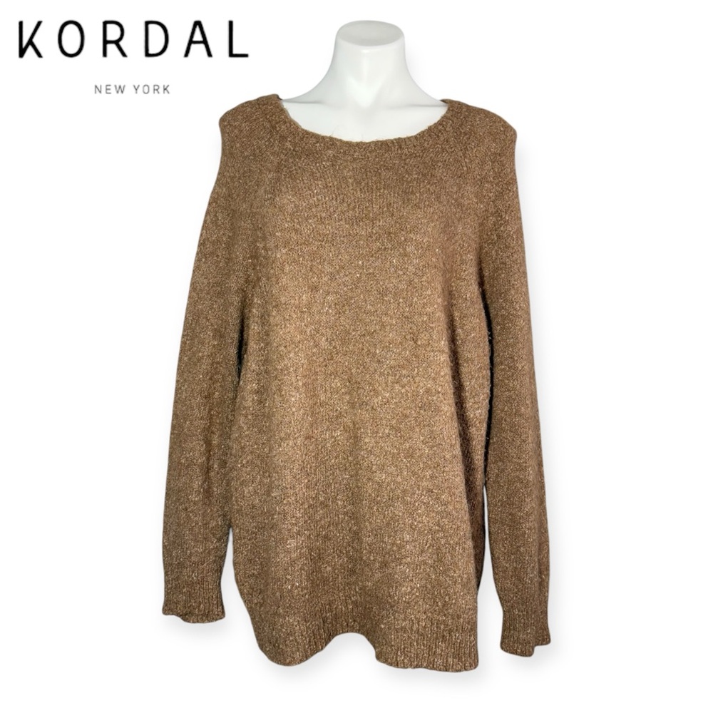KORDAL New York Baby Alpaca Silk Linen Boucle Slouchy Oversized Sweater L Camel